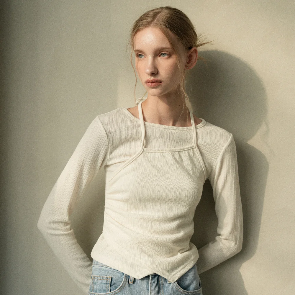 Layered Halter Strap Slim T-Shirt (cream)