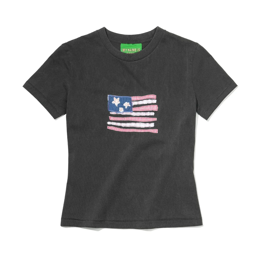 (W) USA FLAG APPLIQUE T-SHIRT - CHARCOAL