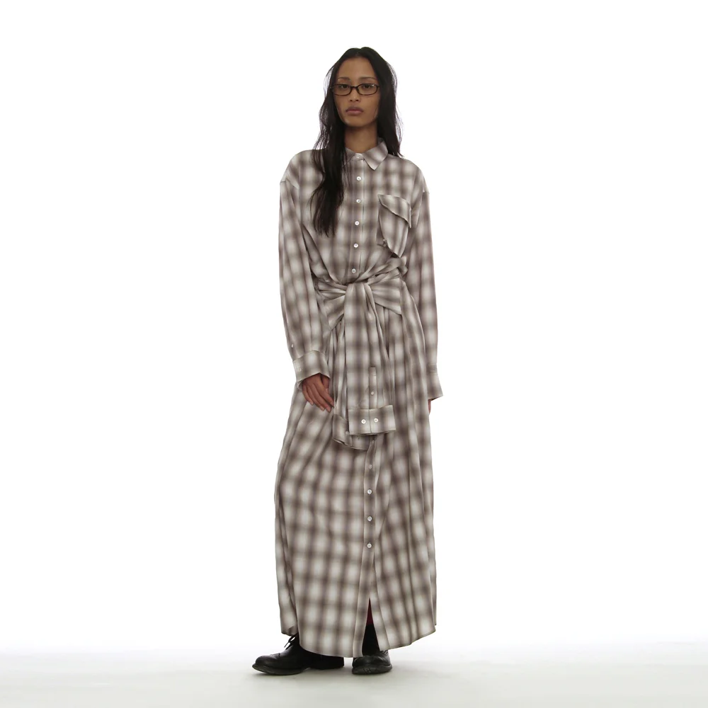 SLEEVE-TIE SHIRT MAXI DRESS_BEIGE CHECK