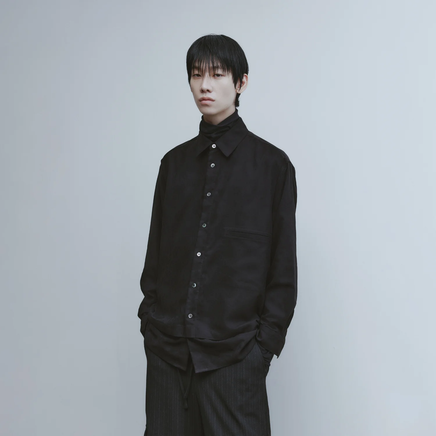 Faux Suede Layered Shirt - Black