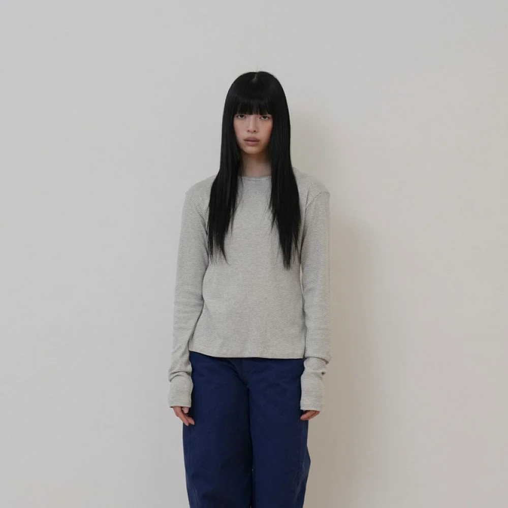 Layered round long sleeve t-shirt, Grey-stripe