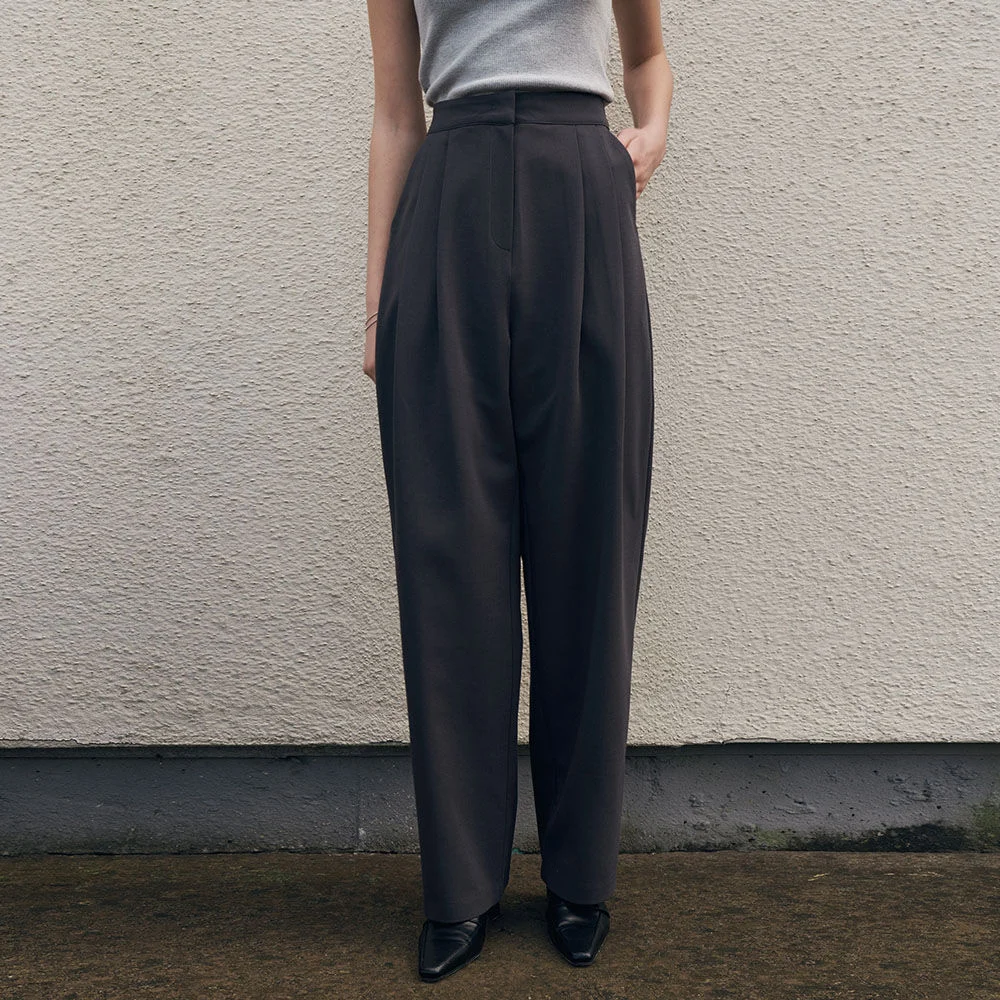 Balloon pintuck wool slacks - charcoal