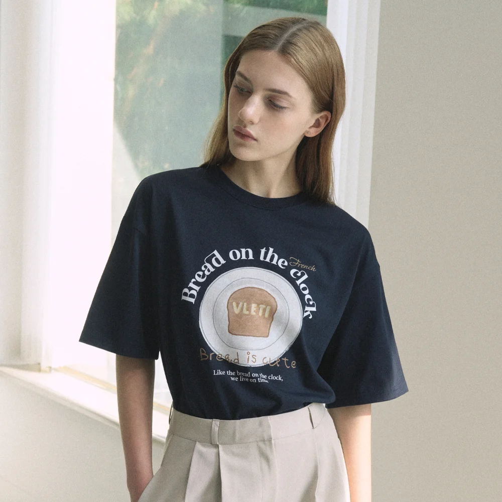 Bread Art Work Printing Boxy T-shirt (Navy)