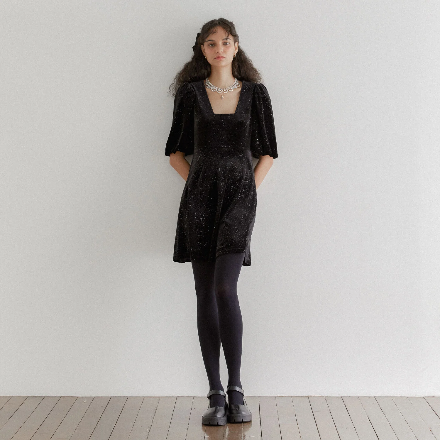 Velvet Wide-sleeve Square neck Mini Dress