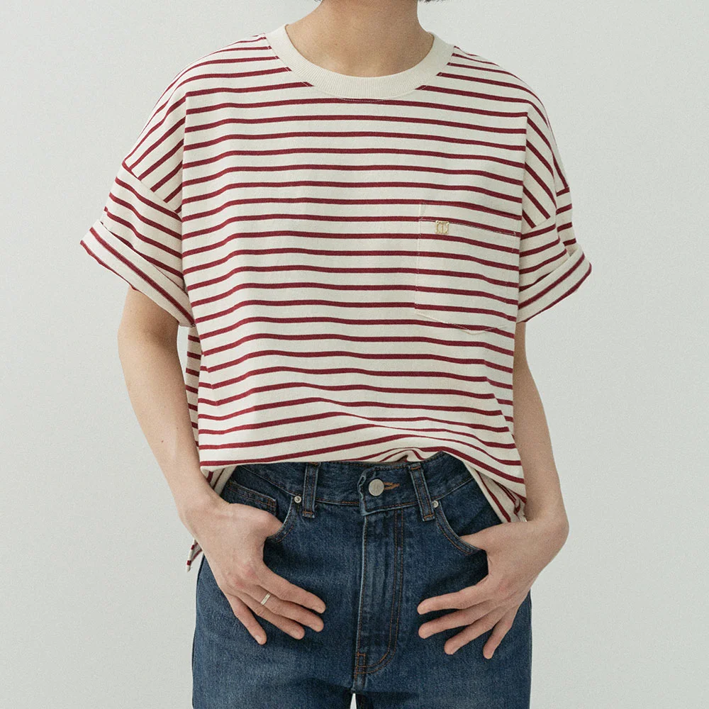 口袋 條紋 T恤-Ivory/Burgundy