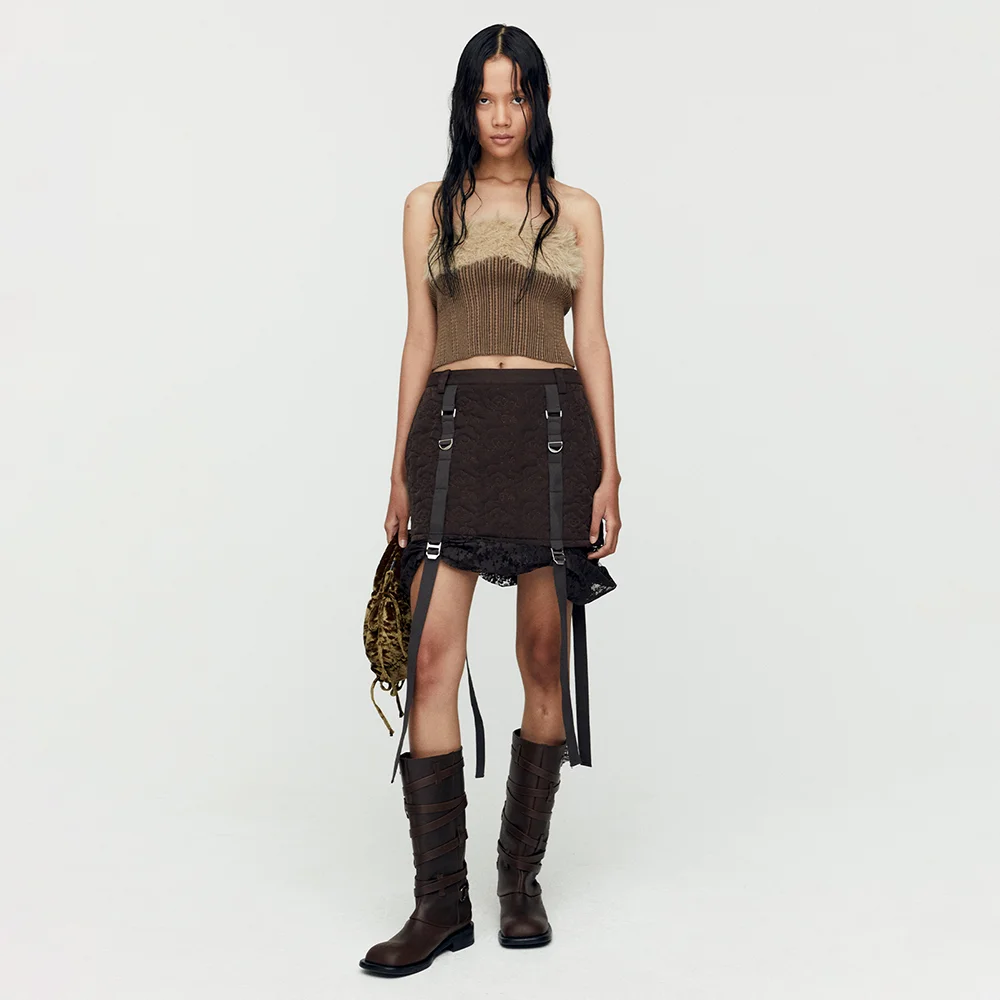 EMBROIDERY PADDED SKIRT apa764w(D.BROWN)