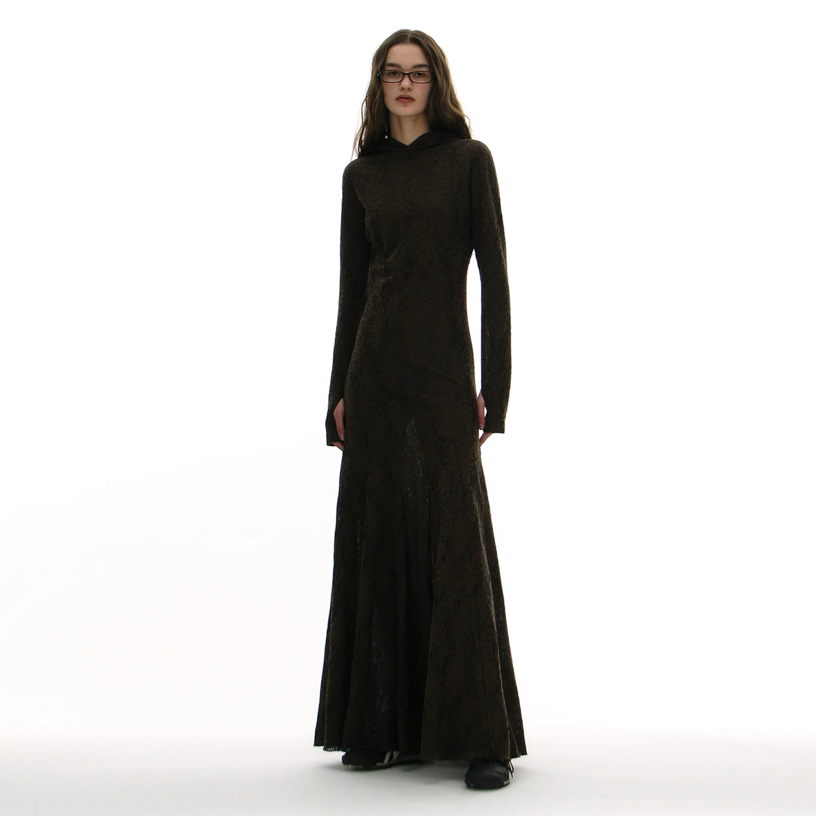 SHEER LACE JERSEY HOODIE DRESS_BROWN