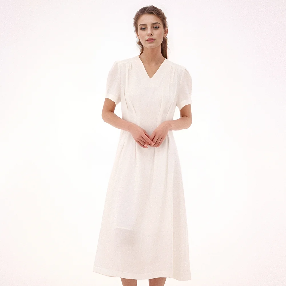 V neck Linen Dress _White