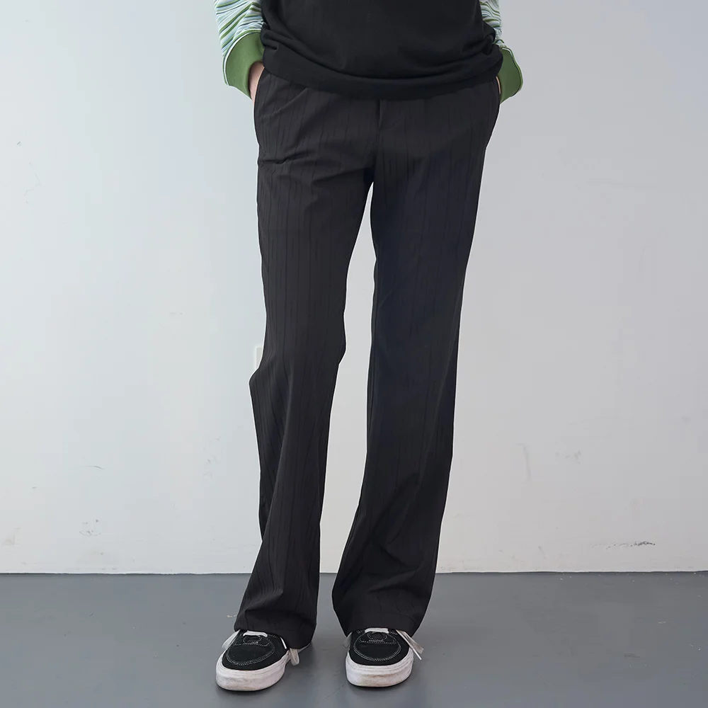 暗影 條紋 鬆緊帶 靴型 褲子 (Black)