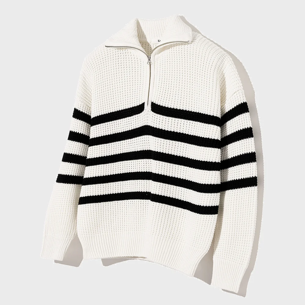柔軟棉 厚重 華夫格 半 拉鏈 針織衫 STRIPE IVORY
