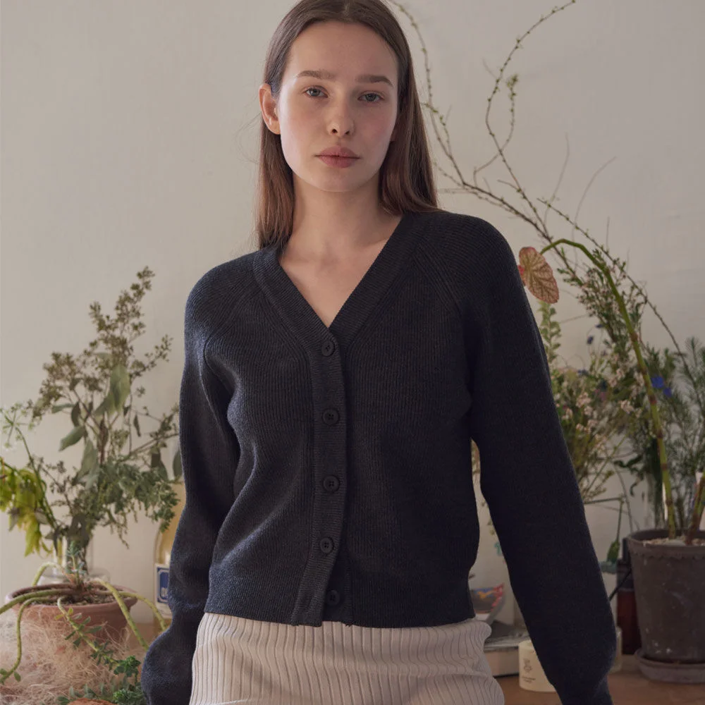 V-Neck Ribbed Cardigan (Melange Charcoal)