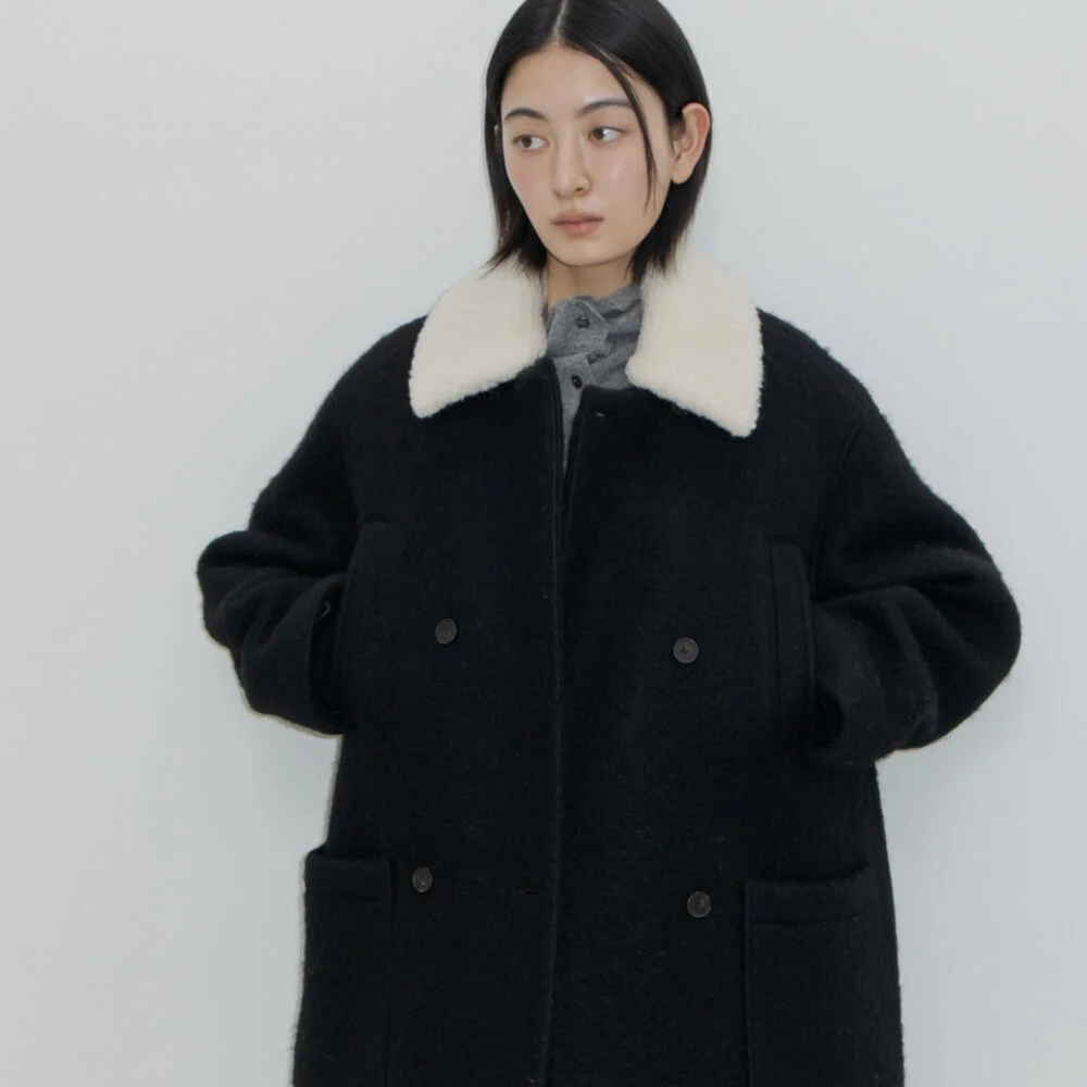 WOOL DOUBLE BREASTED PEA COAT / BLACK
