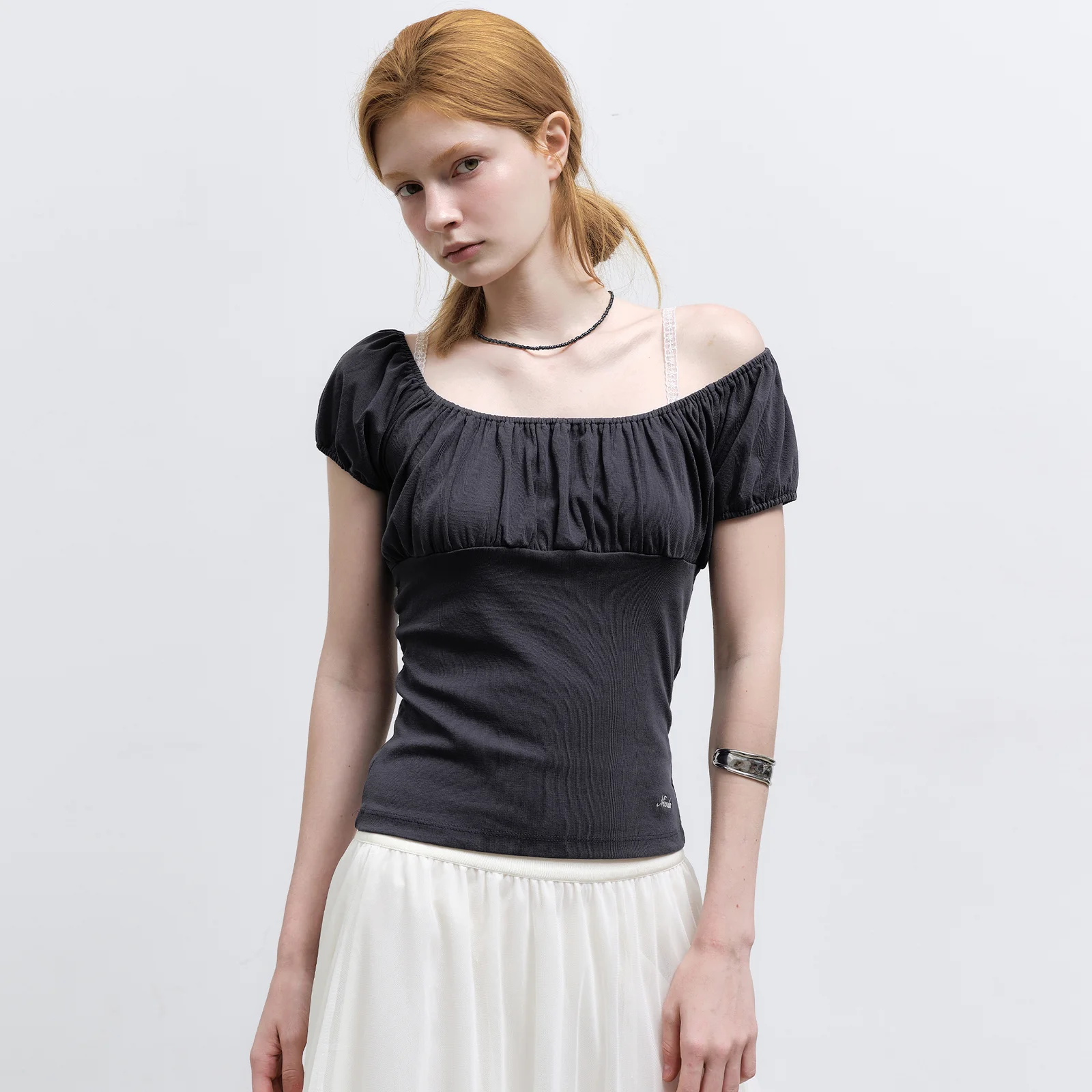OFF SHOULDER RUFFLE TOP_NAVY