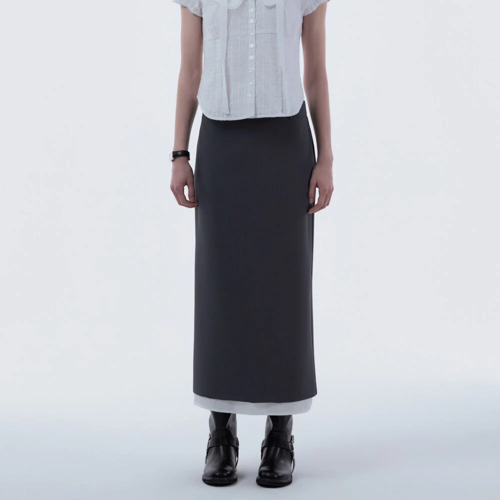 Contrast Layered Slim Line Long Skirt - Blue Grey
