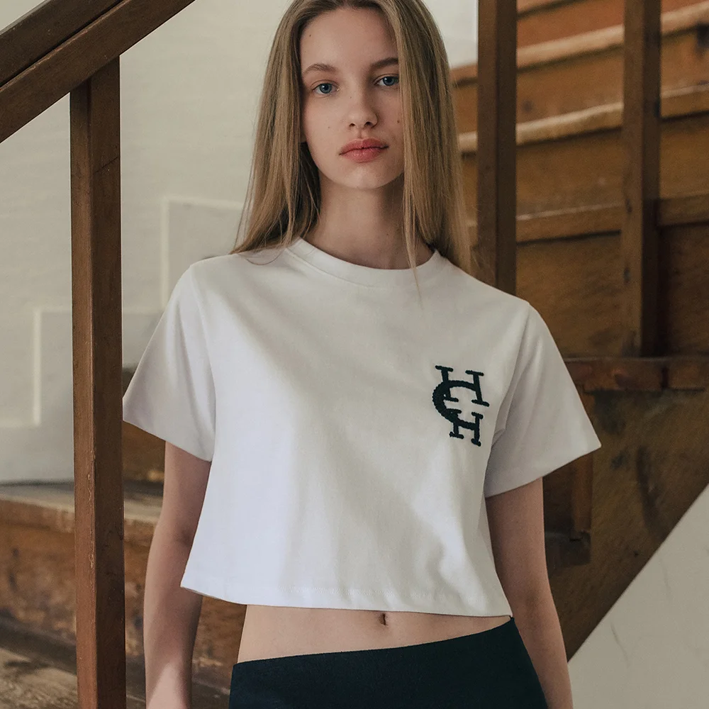 HCH 刺繡 短版 T恤_WHITE
