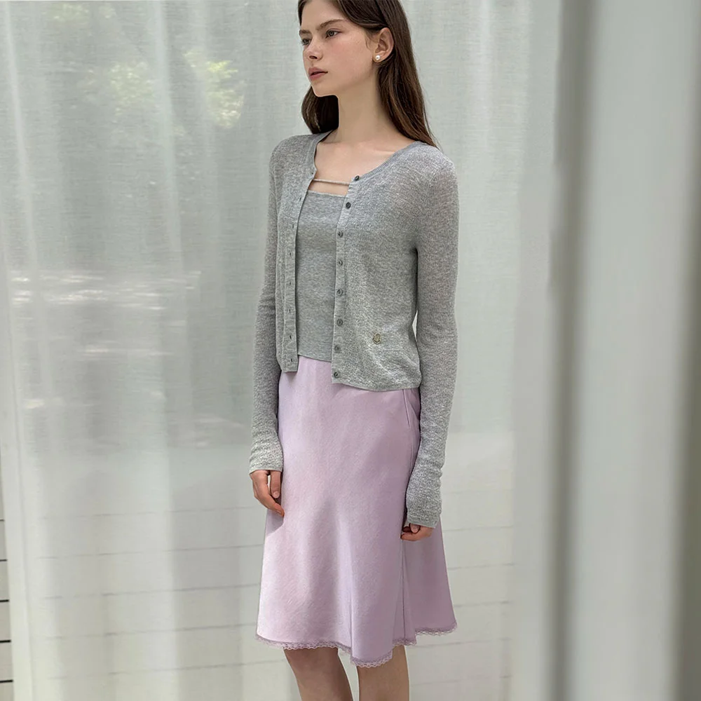 Satin midi lace lavender skirt