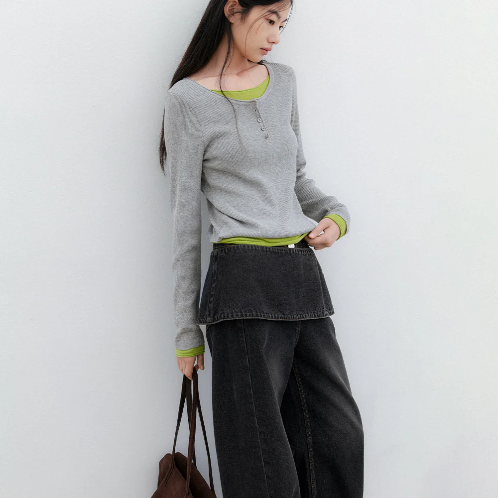 (T-7293)COLOR-BLOCK HENLEY NECK LAYERED KNIT