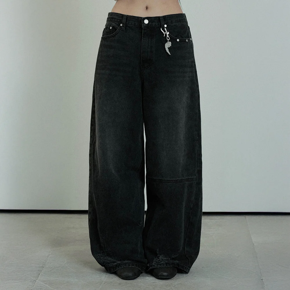 Hem Damage Keyring Wide Denim pants (Black)