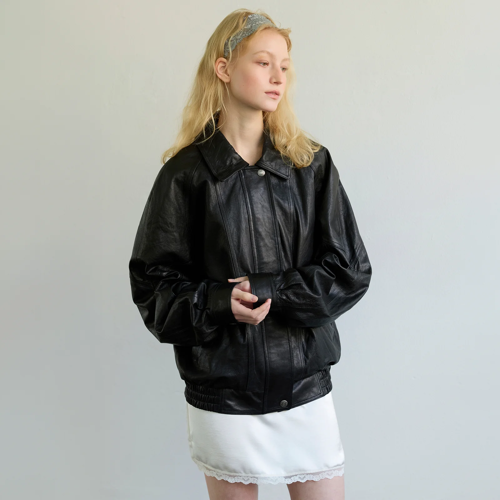 CRINKLE WASHED LEATHER BLOUSON - BLACK