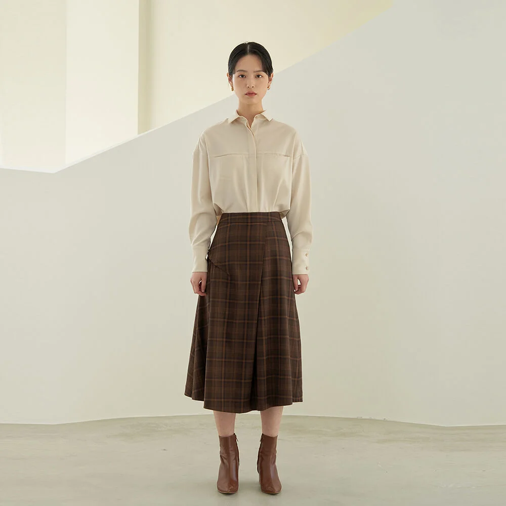 unbal shirring check midi skirt_Brown