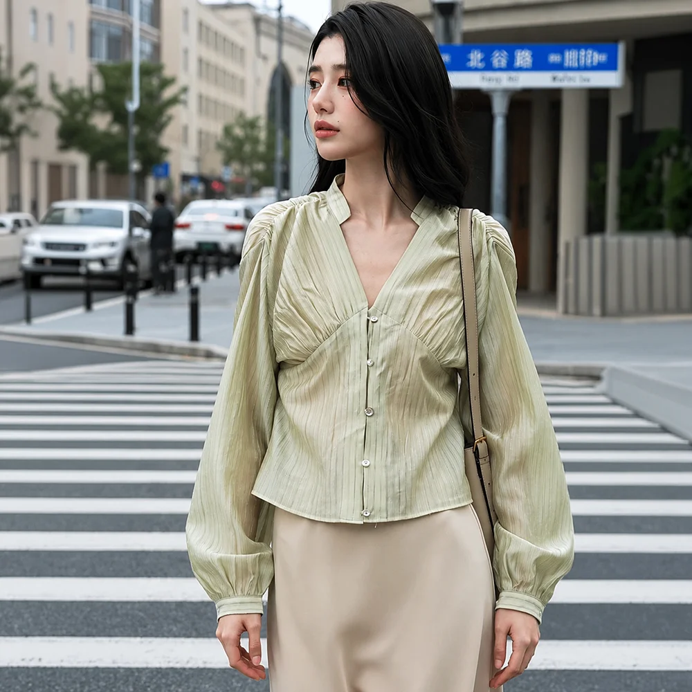 Shirred Texture Stripe Blouse Green