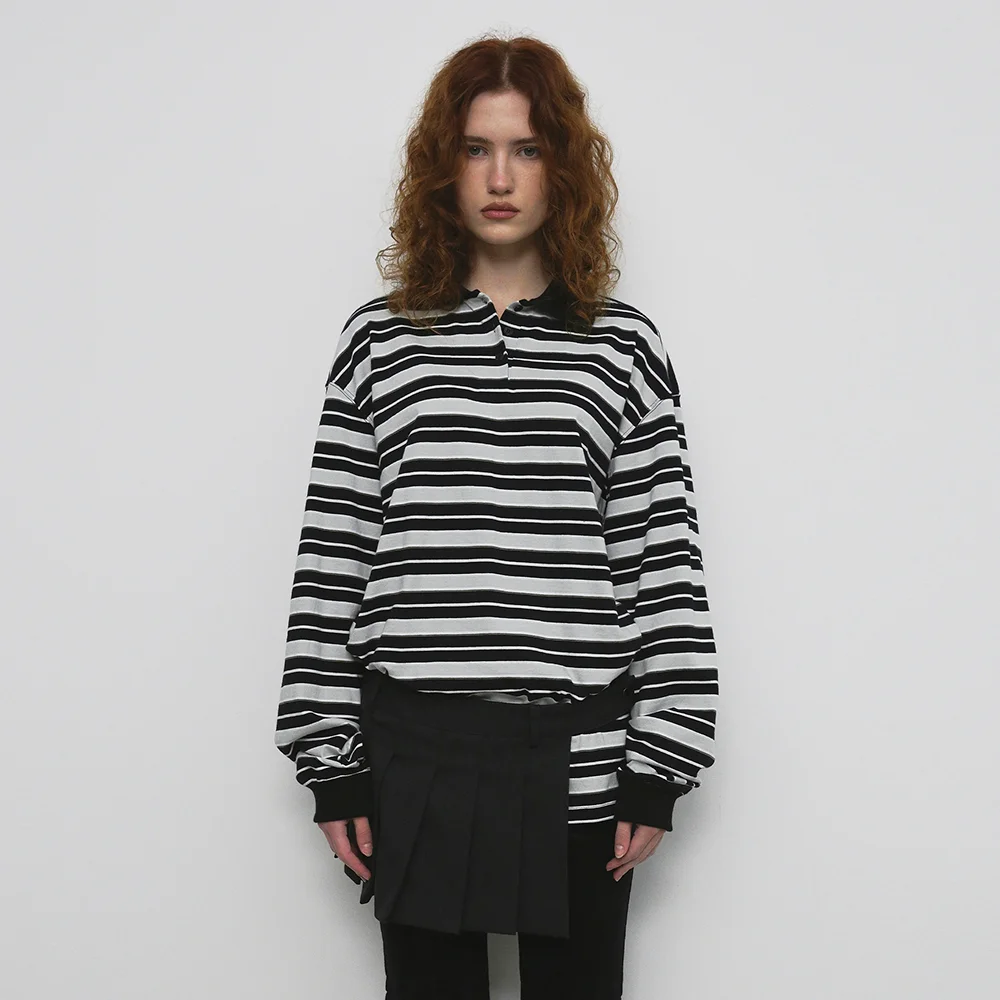 STRIPE OVERFIT COLLAR T-SHIRT_BLACK