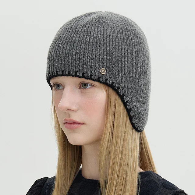 Stitch Point Ear Flap Beanie - Grey