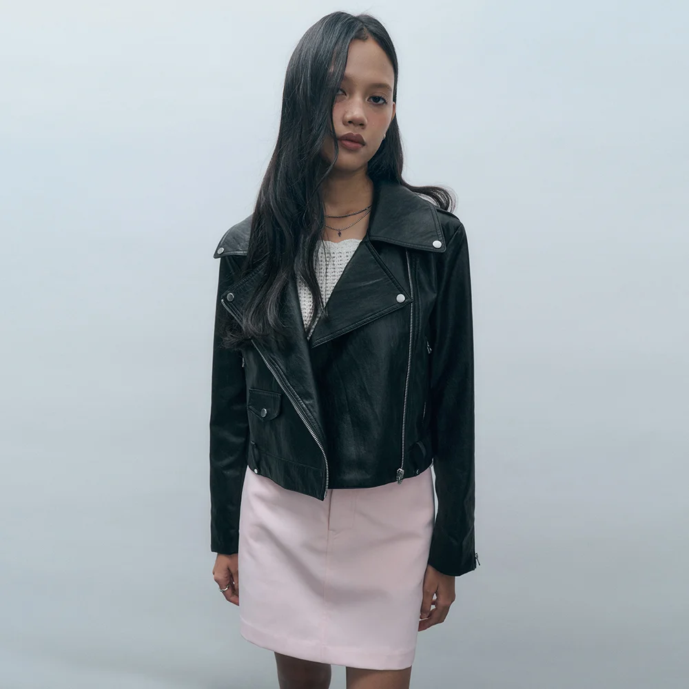 牛仔 混搭 仿真 皮革 外套 黑色 MDJK027BLACK