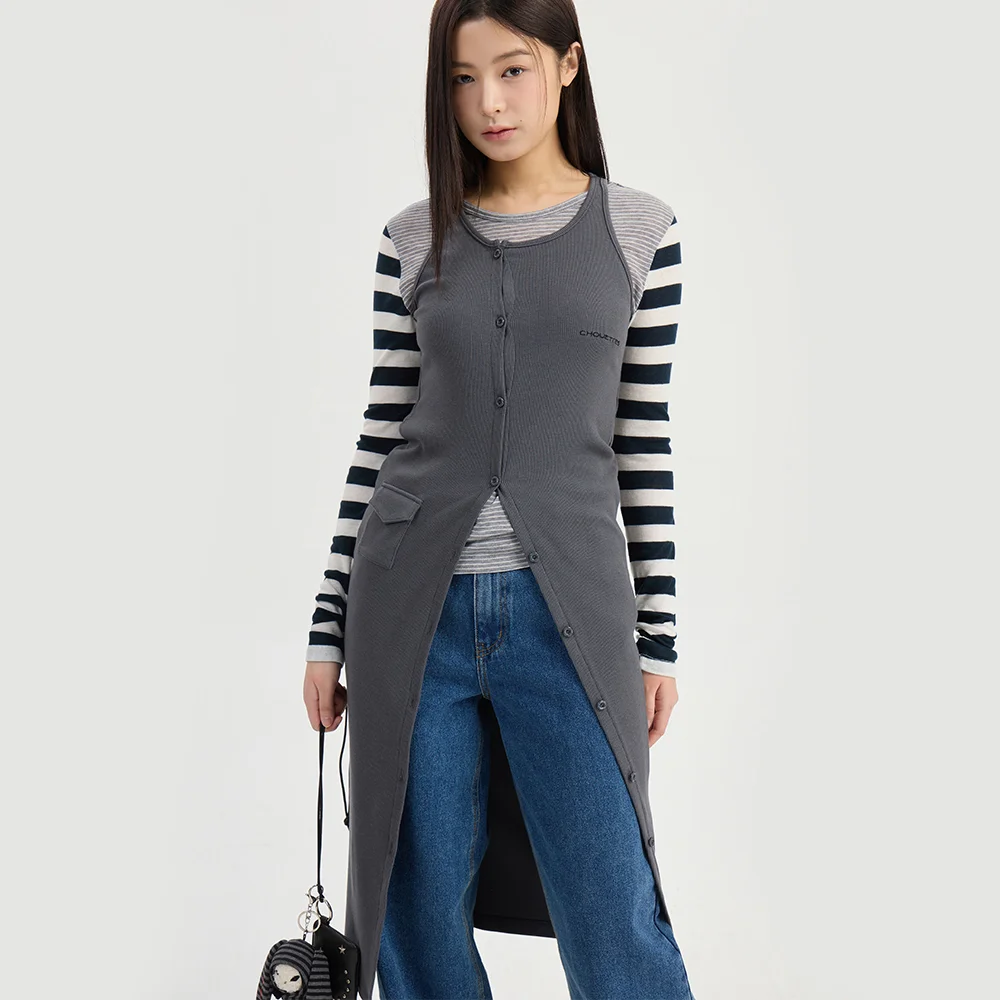 Chouetties by LUCKY CHOUETTE Diagonal Line Button Jersey Dress (dark grey) LADAX26310GYD