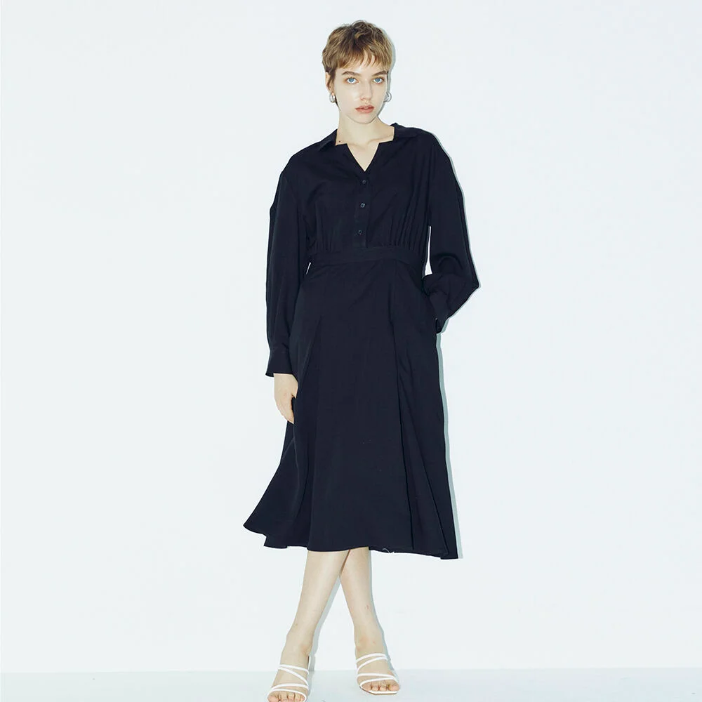 V Neck Collar Button Dress - Black