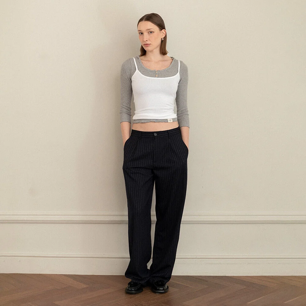 G GENTLE WIDE LEG PINSTRIPE PANTS (NAVY)