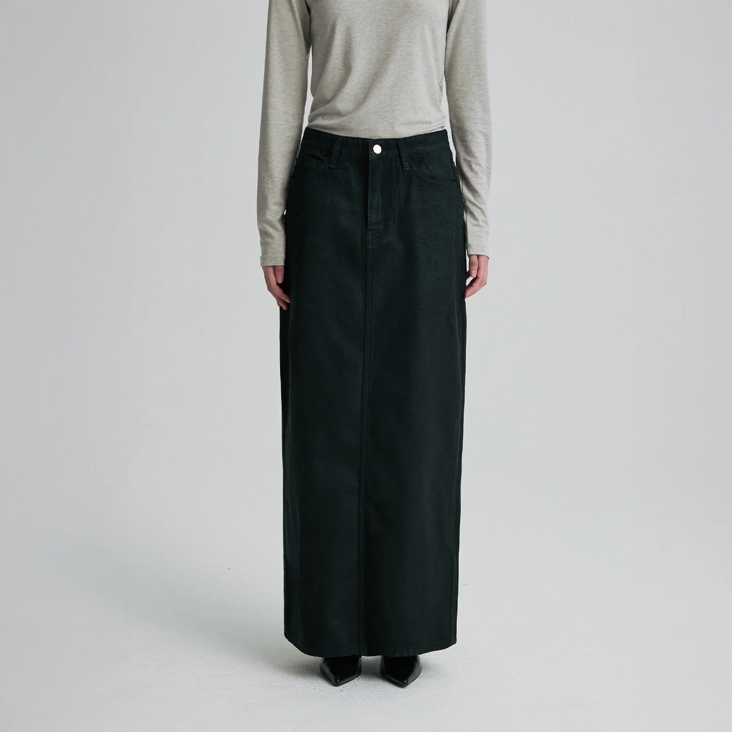 COATED DENIM MAXI SKIRT