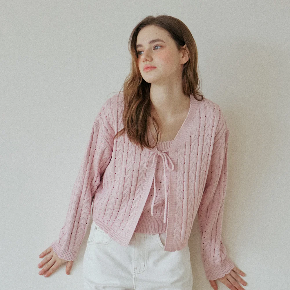 LACE RIBBON CARDIGAN_PINK