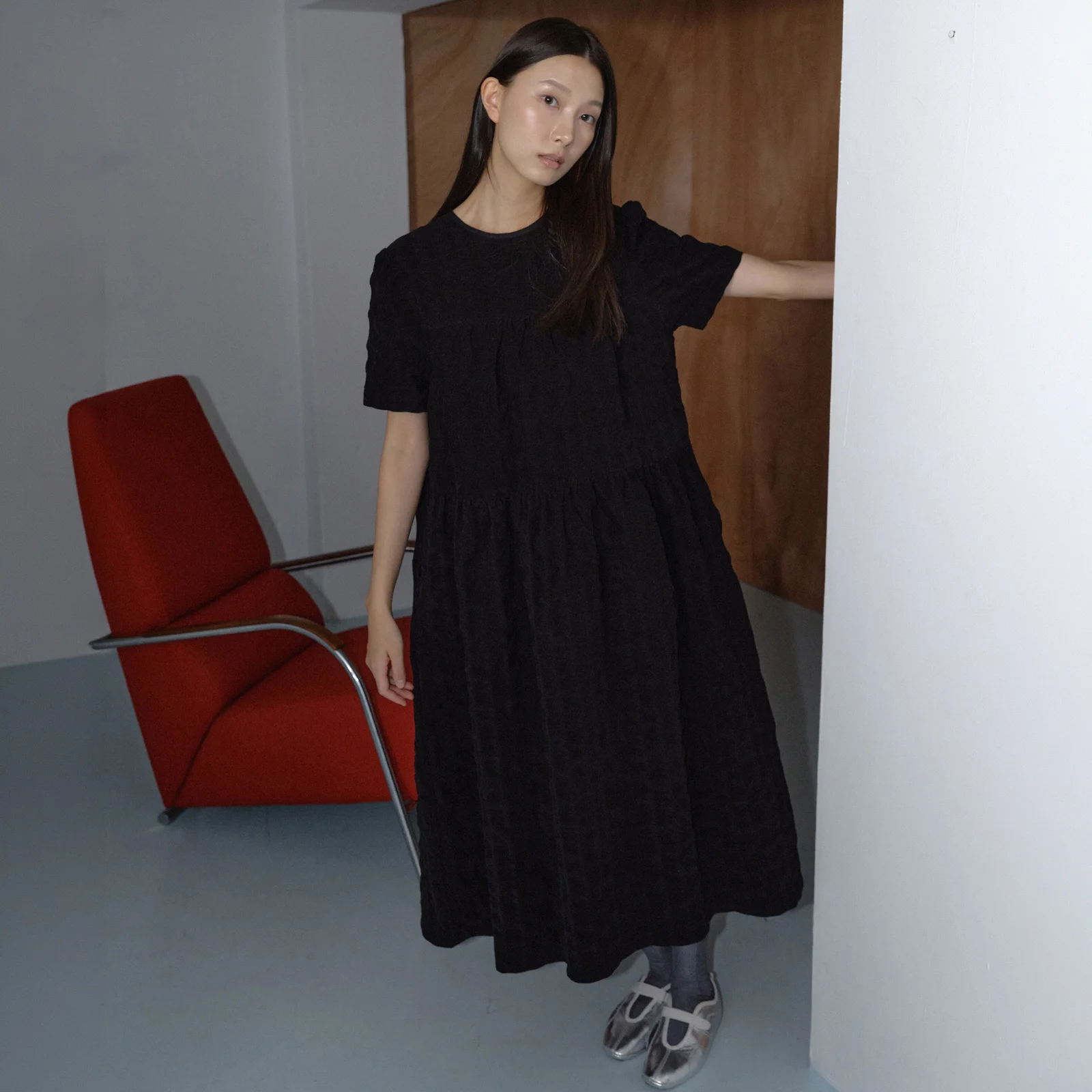 CORDUROY HALF SLEEVE LONG DRESS / BLACK