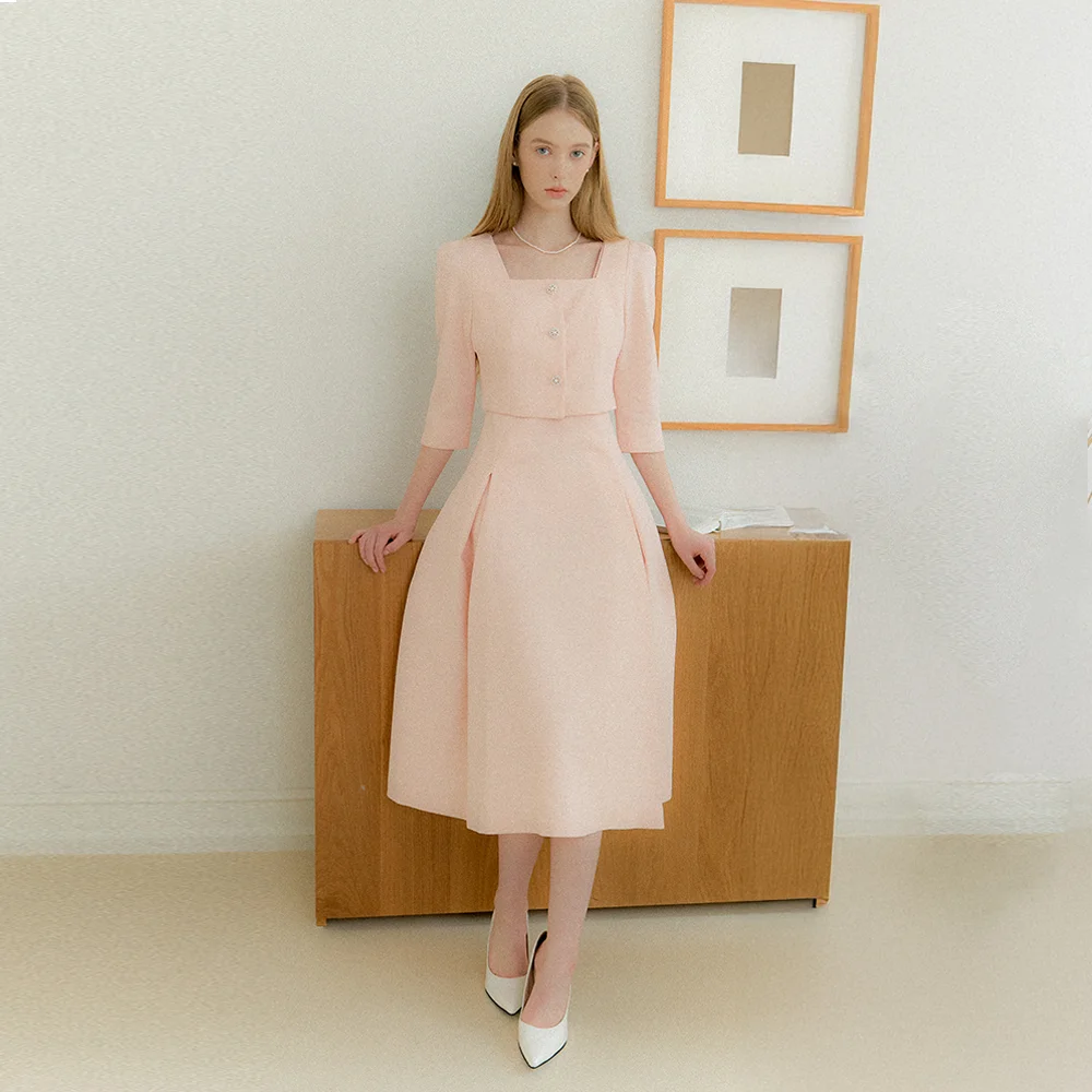 Square-neck 2piece-Style Flare Dress / Pink(3color)
