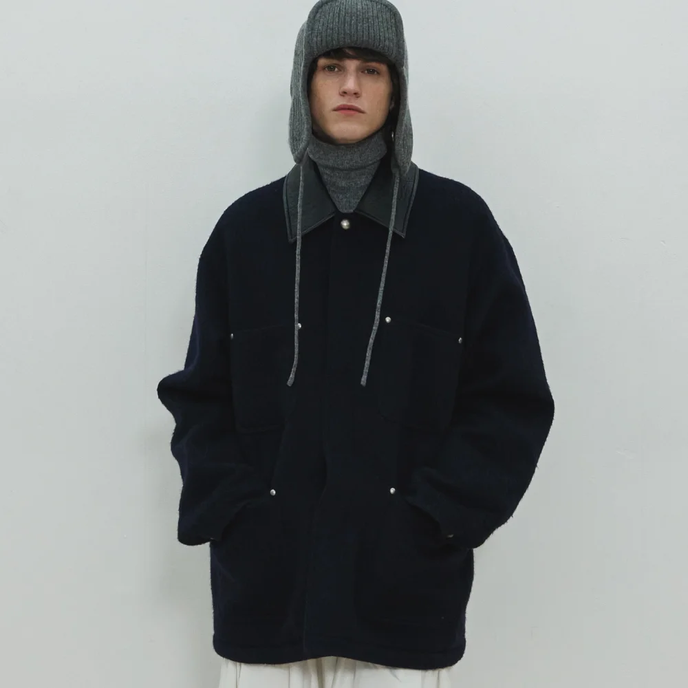 UNISEX, Studed Wool Half Coat / Navy