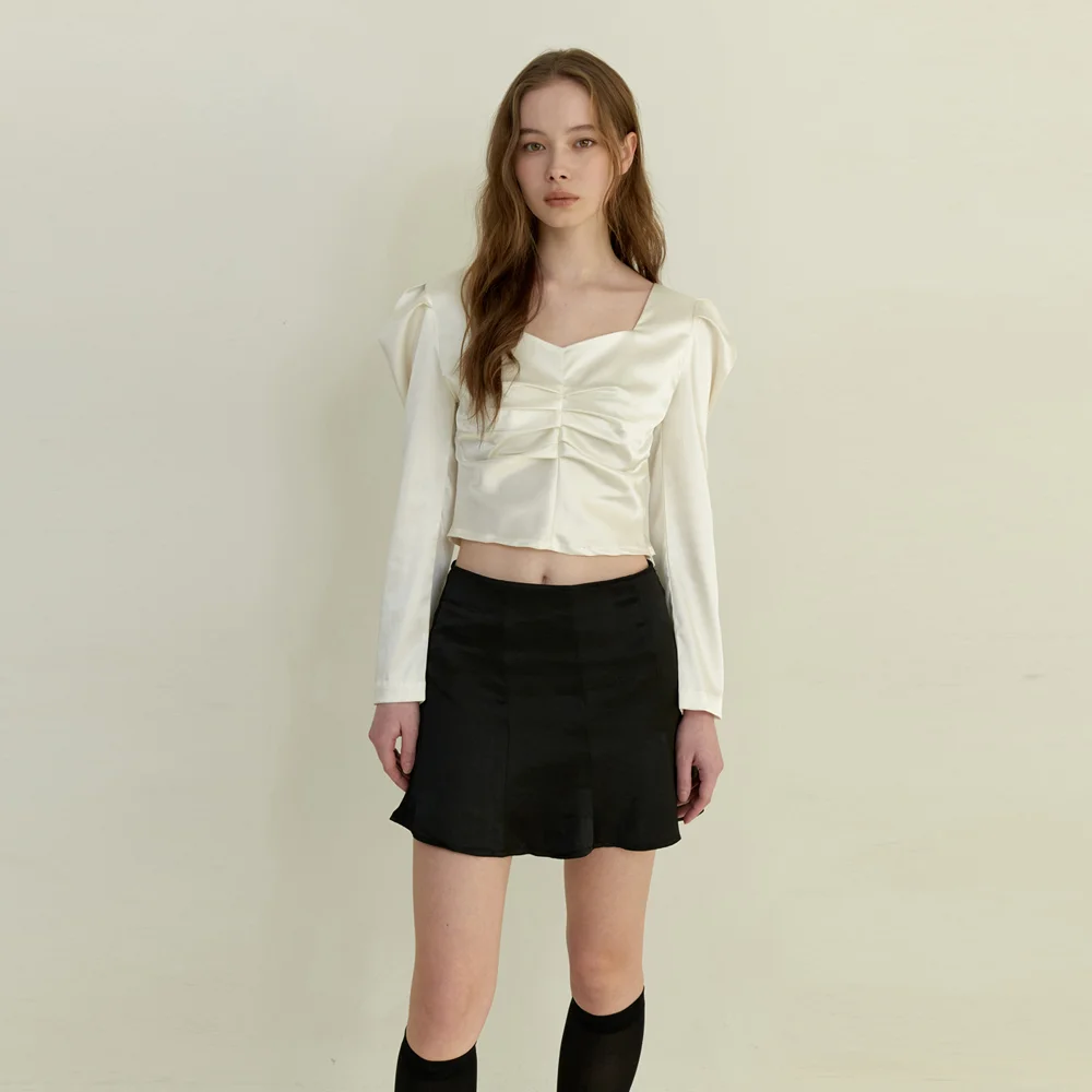 satin puff shirring blouse - cream