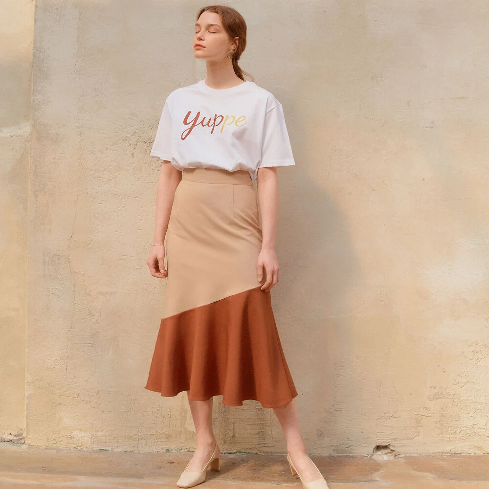COLOR BLOCK FLARE SKIRT_BEIGE