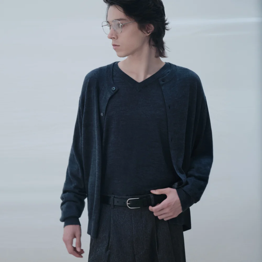 第二 爽膚水 羊毛 混紡 V領 針織衫_深 灰色