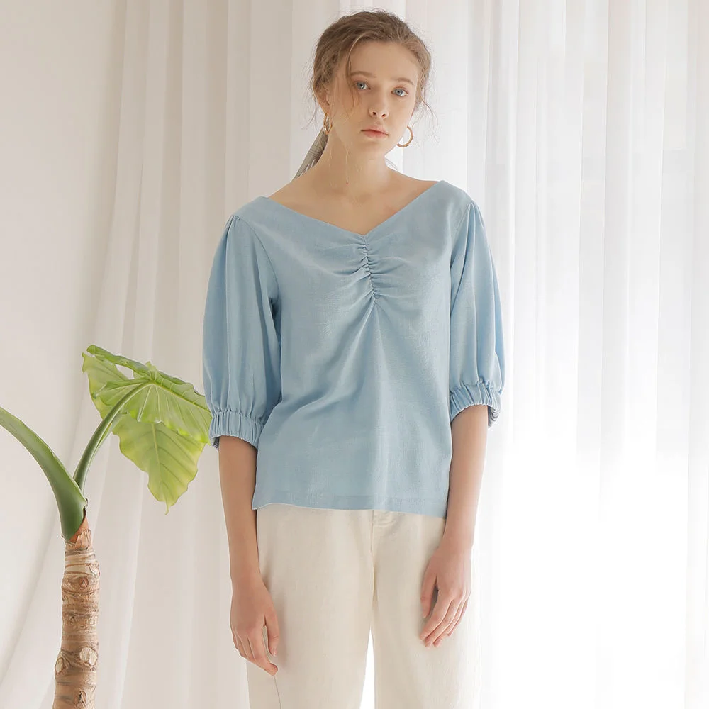 LINEN PUFF SLEEVE BLOUSE_BLUE