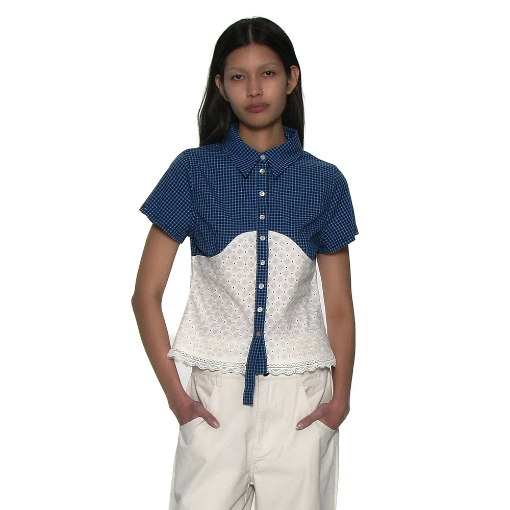 CHECK LACE EMBROIDERY COMBI SHIRT_BLUE