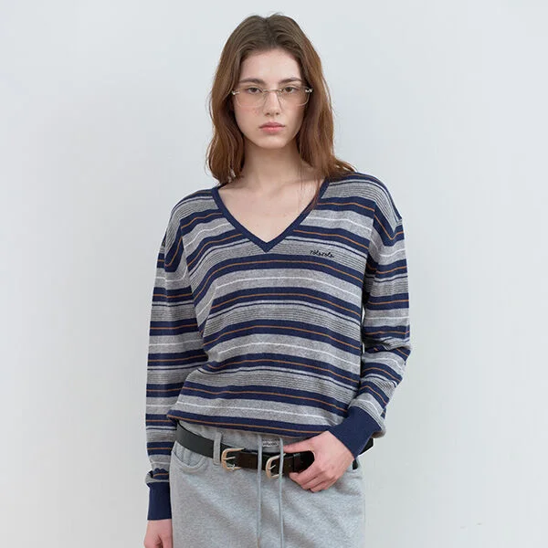 STRIPE V NECK KNIT NAVY