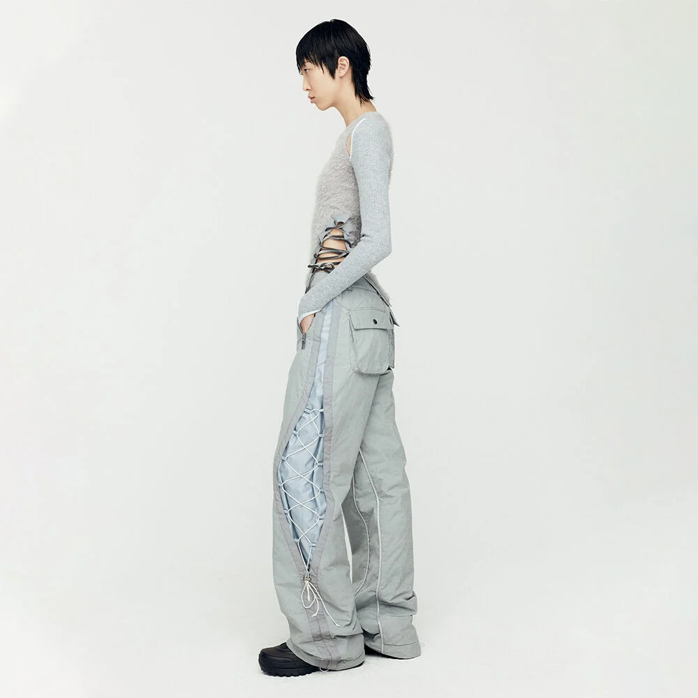 CRACK PADDED LACE-UP WIDE PANTS apa770w(GREY)