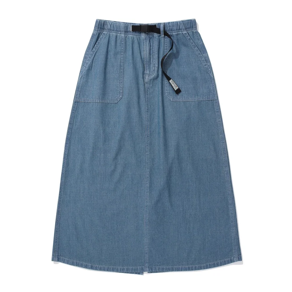 SL-LABEL BELTED DENIM LONG SKIRTS 淺色牛仔