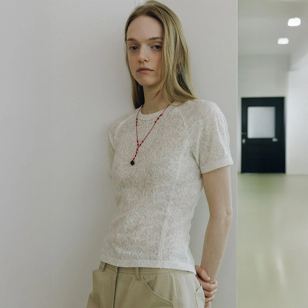 Flower-Jacquard Linear Seam T-Shirt SW6ME763_2color