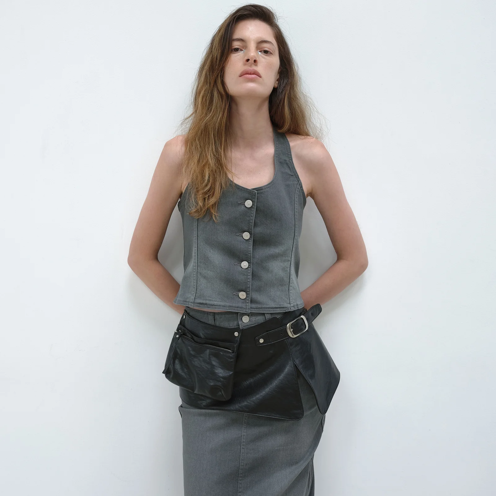 HALTER NECK DENIM VEST - GRAY