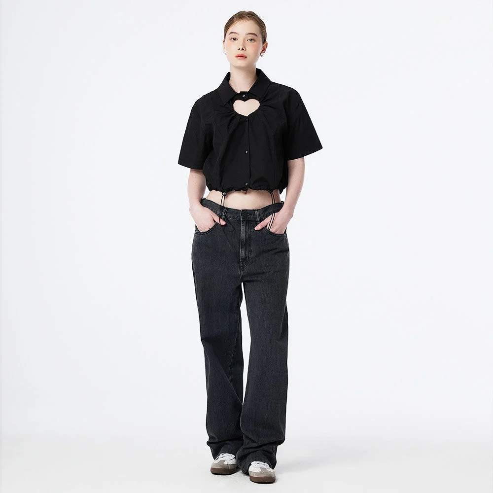 CUT OUT HEART SHIRRING SHIRTS JACKET (BLACK)