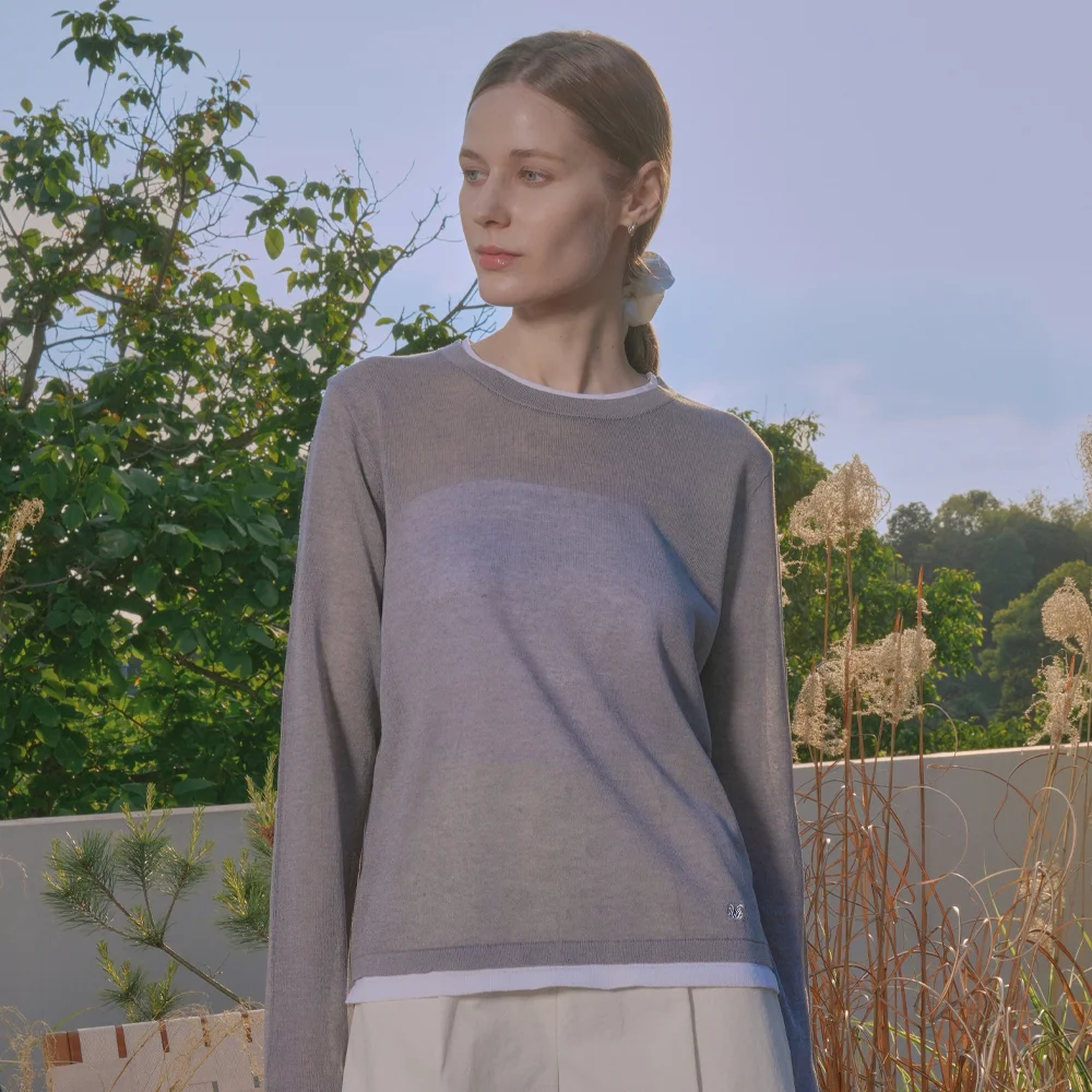 Linen Blend Contrast Layered Embroidery Knit (gray)