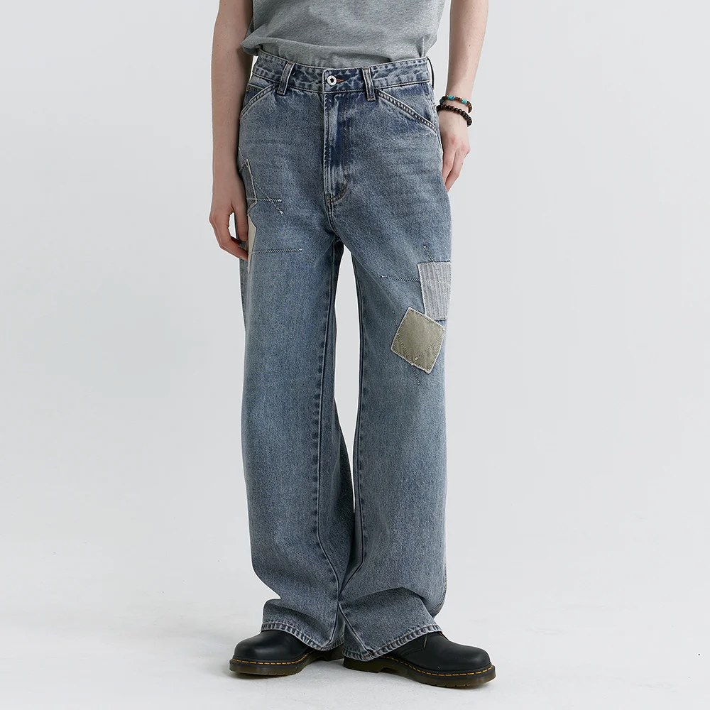Paveon 7563 拼布 寬鬆版型 淺靛藍 牛仔褲