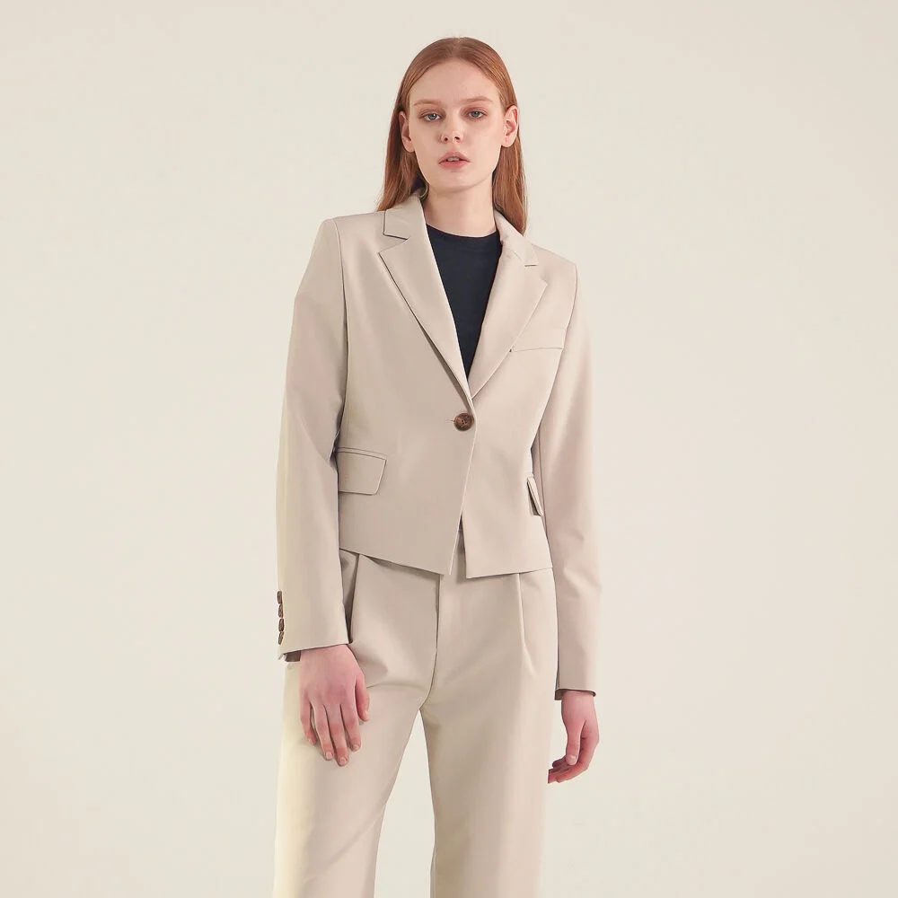 Single Button Cropped Blazer_Beige